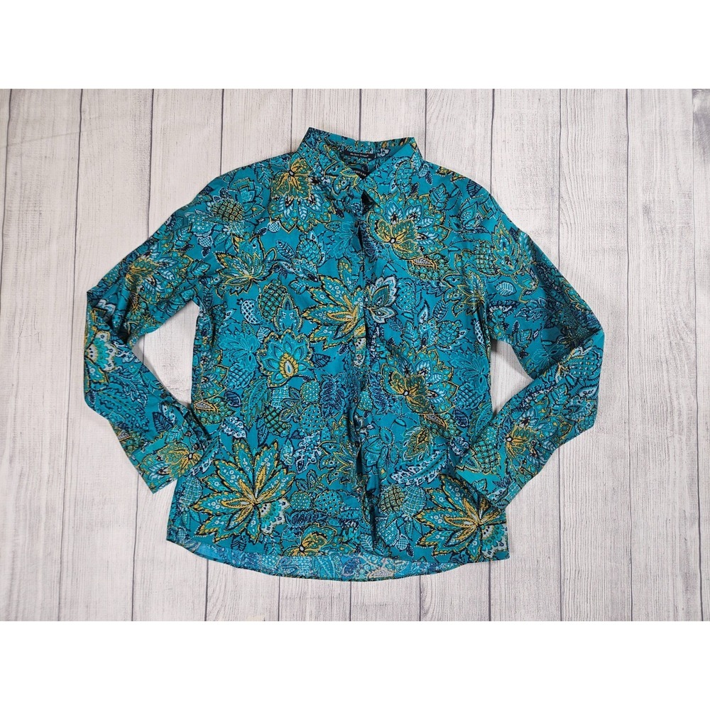 Lands' End Blouse Womens 14 Teal Floral Print No Iron Supima Cotton Button Front
